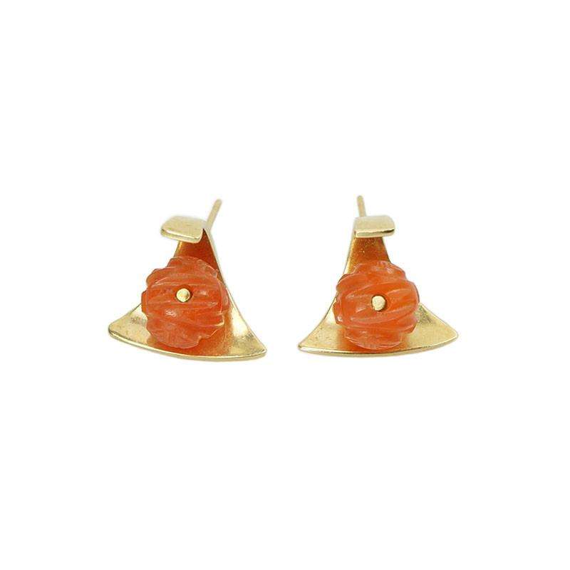Signed Modernist Earrings by Ed Weiner in 14k Gold and Carnelian
