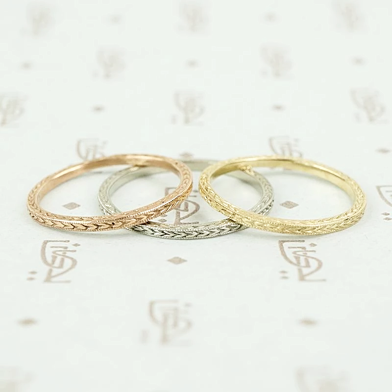 Wheat Recycled Revival band in rose, yellow and white gold.