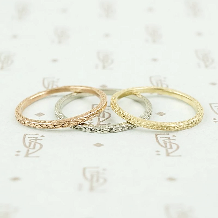 Wheat Recycled Revival band in rose, yellow and white gold.