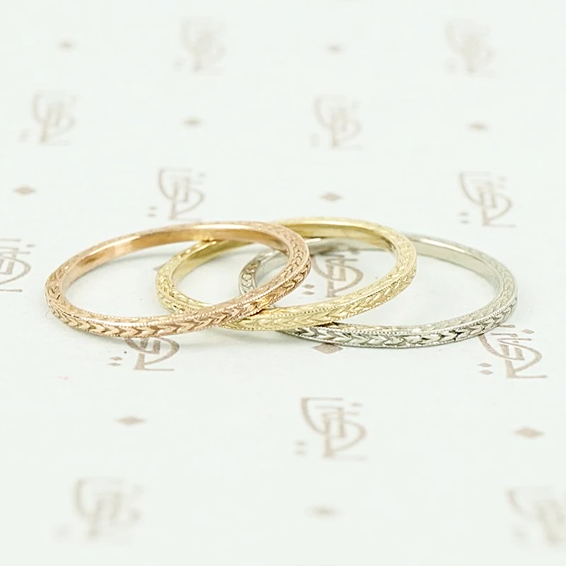 Wheat Recycled Revival band in rose, yellow and white gold.