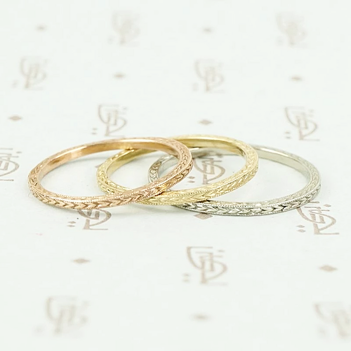 Wheat Recycled Revival band in rose, yellow and white gold.