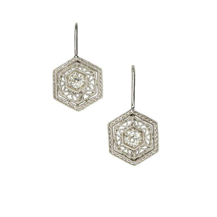 Filigree White Gold Diamond Drop Earrings - Gem Set Love