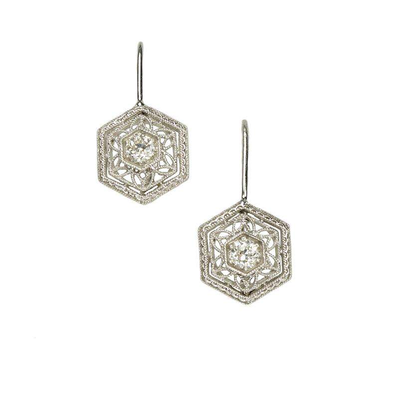 Filigree White Gold Diamond Drop Earrings - Gem Set Love