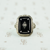 deco onyx and diamond ring in white gold filigree