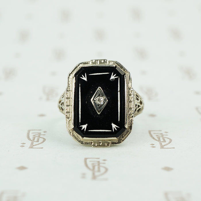 deco onyx and diamond ring in white gold filigree