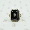 deco onyx and diamond ring in white gold filigree