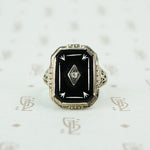 deco onyx and diamond ring in white gold filigree