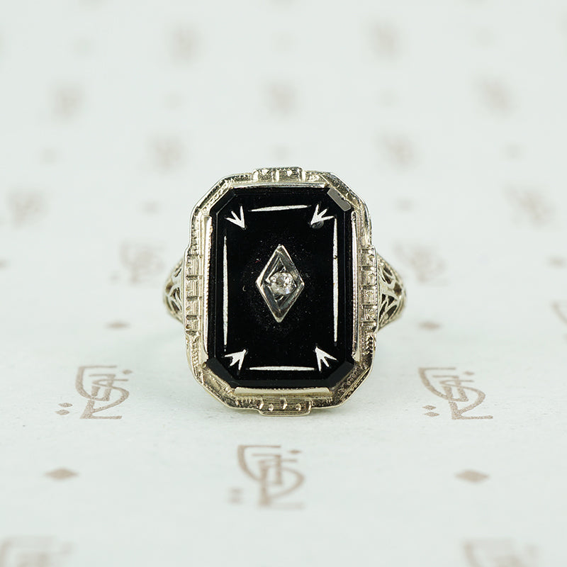 deco onyx and diamond ring in white gold filigree