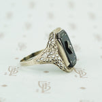 deco onyx and diamond ring in white gold filigree