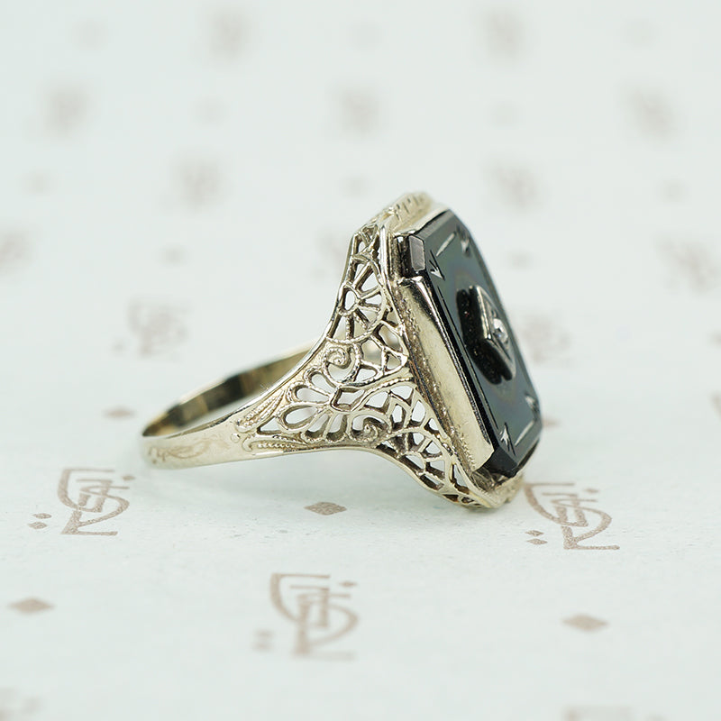 deco onyx and diamond ring in white gold filigree