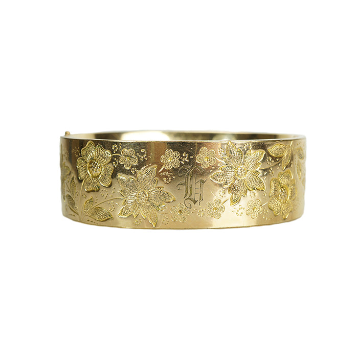 Wide Victorian Gold Filled Bangle with Floral Engraving - Gem Set Love