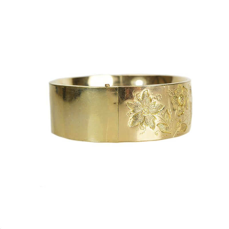 Wide Victorian Gold Filled Bangle with Floral Engraving - Gem Set Love