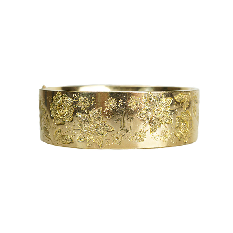 Wide Victorian Gold Filled Bangle with Floral Engraving - Gem Set Love