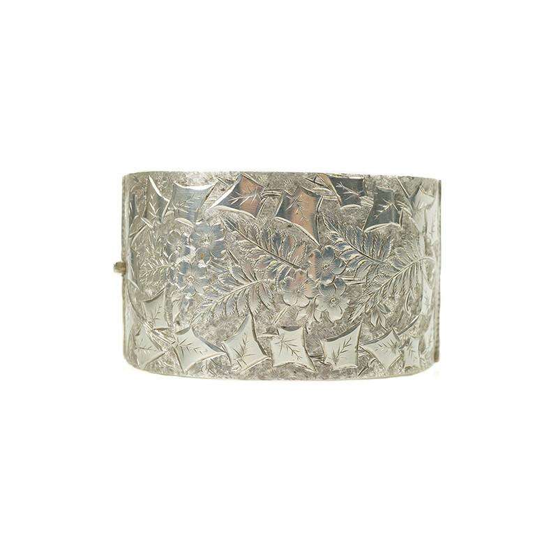Wide engraved silver hinged Victorian Bangle