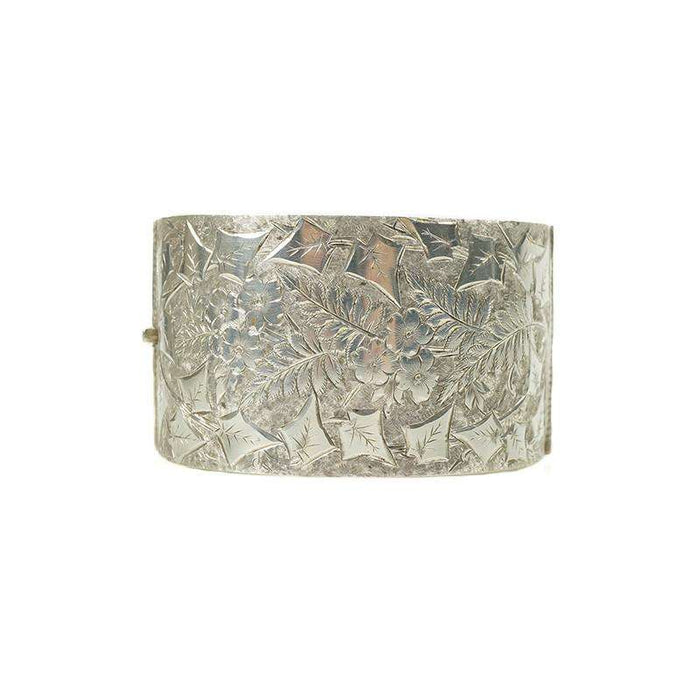 Wide engraved silver hinged Victorian Bangle