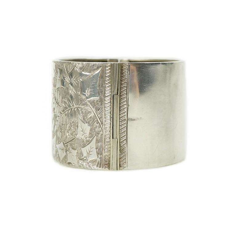 Wide engraved silver hinged Victorian Bangle