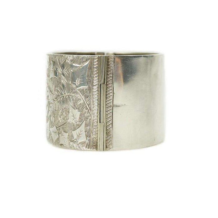 Wide engraved silver hinged Victorian Bangle