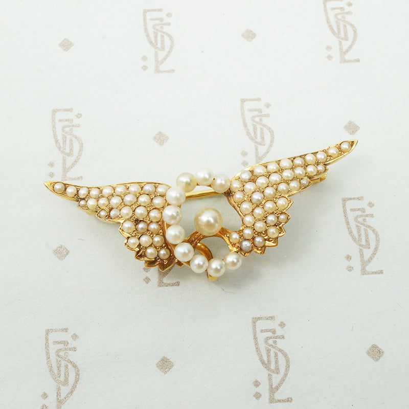 Gold Pearl Set Winged Wheel Brooch
