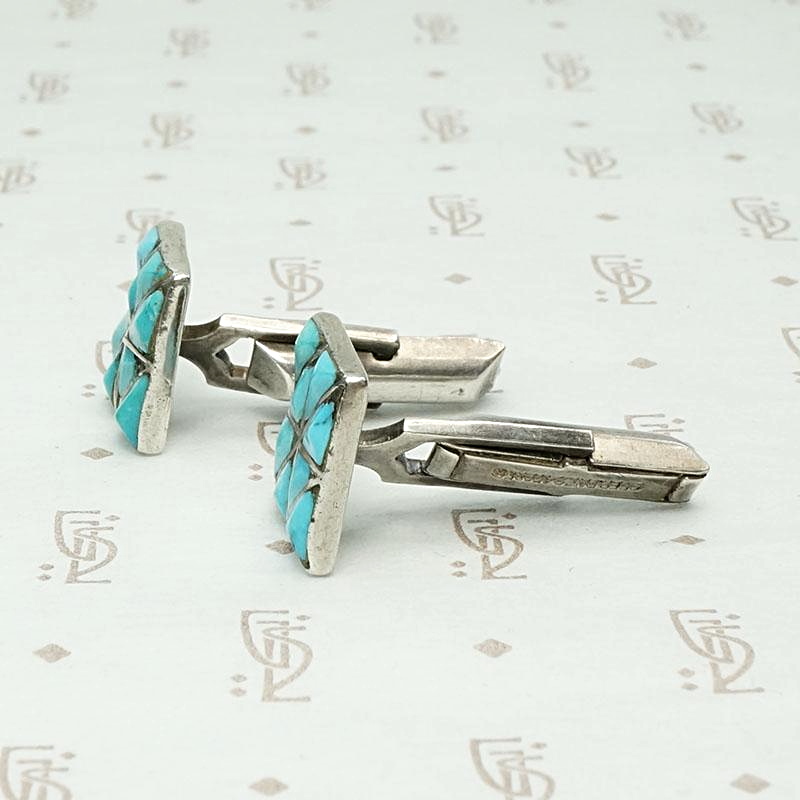 Geometric Turquoise Inlay Silver Cufflinks