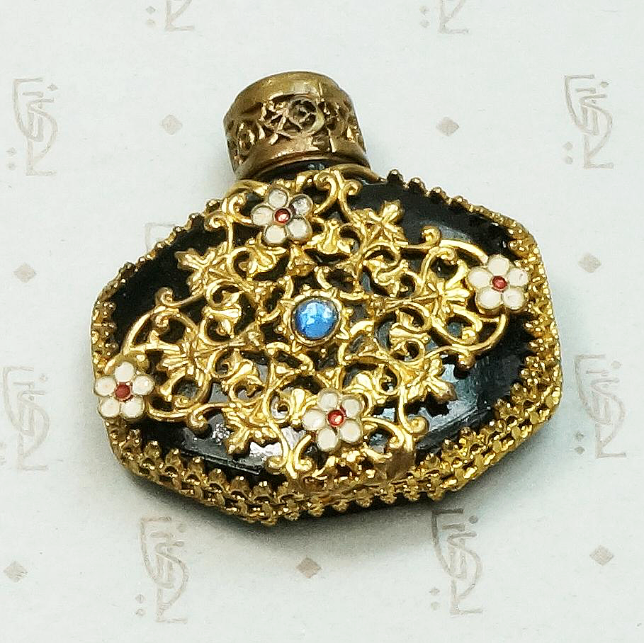 Ornate Czech Perfume Bottle Brass & Glass