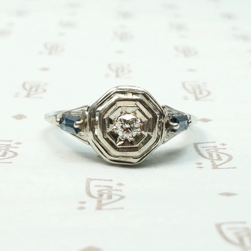 Filigree Deco Diamond Ring with Sapphire Accents 