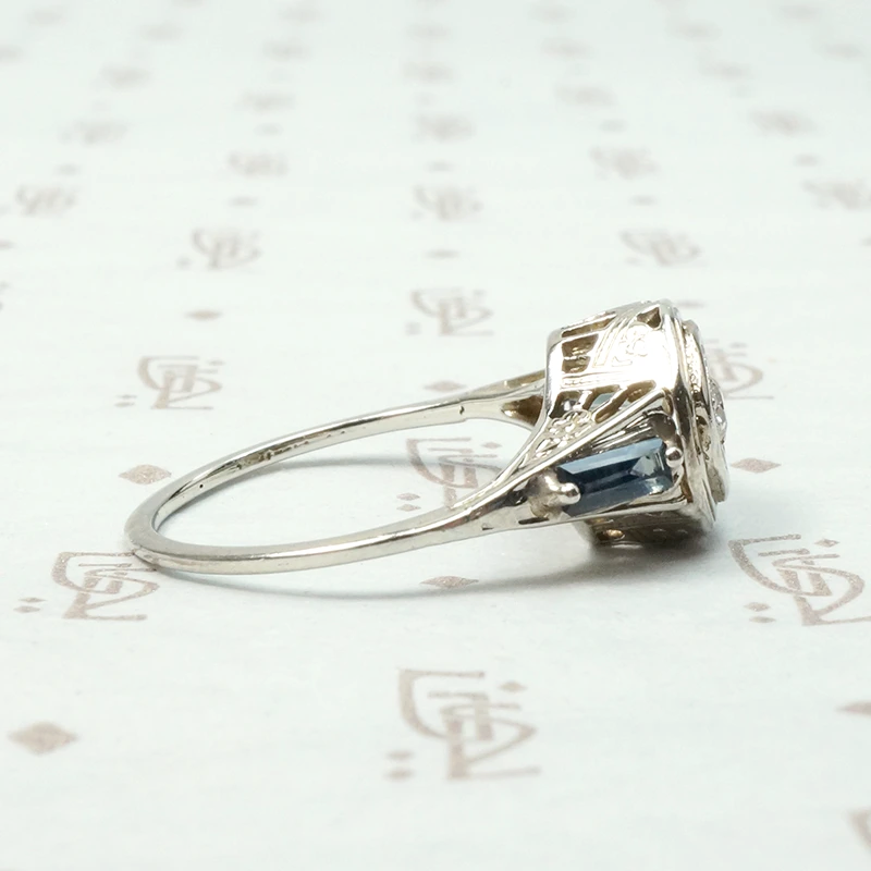 Filigree Deco Diamond Ring with Sapphire Accents 