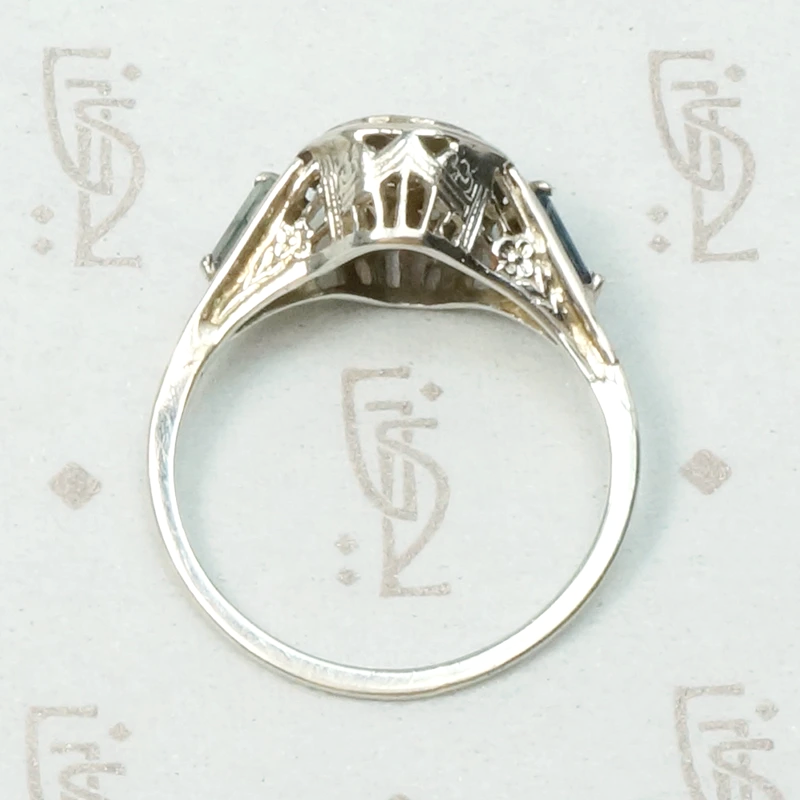 Filigree Deco Diamond Ring with Sapphire Accents 