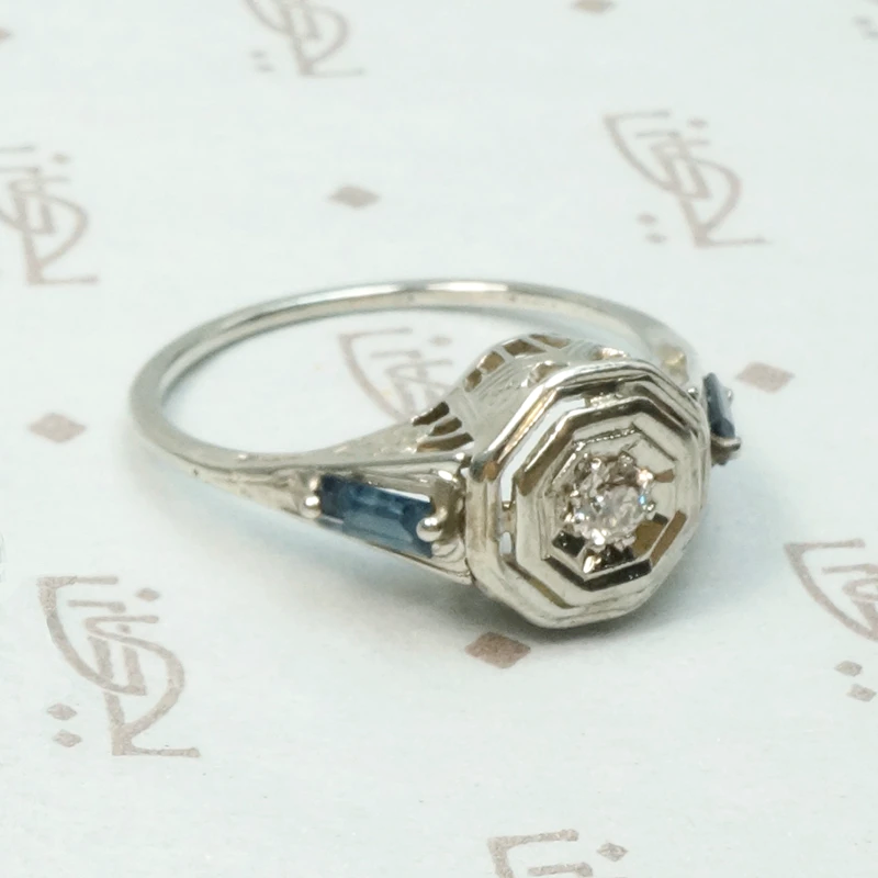 Filigree Deco Diamond Ring with Sapphire Accents 