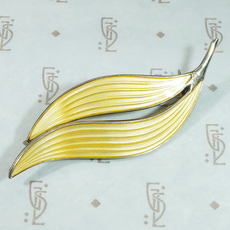 Delicate Yellow Guilloché Enamel Leaf Brooch by Holmsen