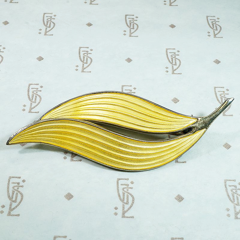 Delicate Yellow Guilloché Enamel Leaf Brooch by Holmsen