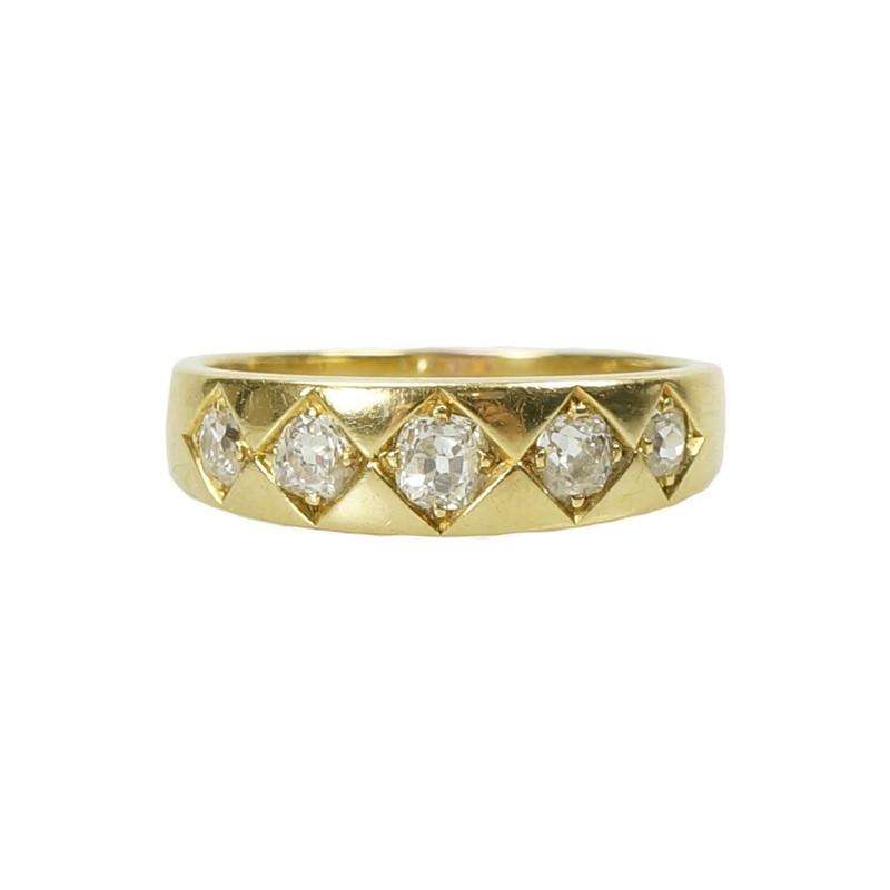 Wide Vintage Yellow Gold Cushion Cut Diamond Band