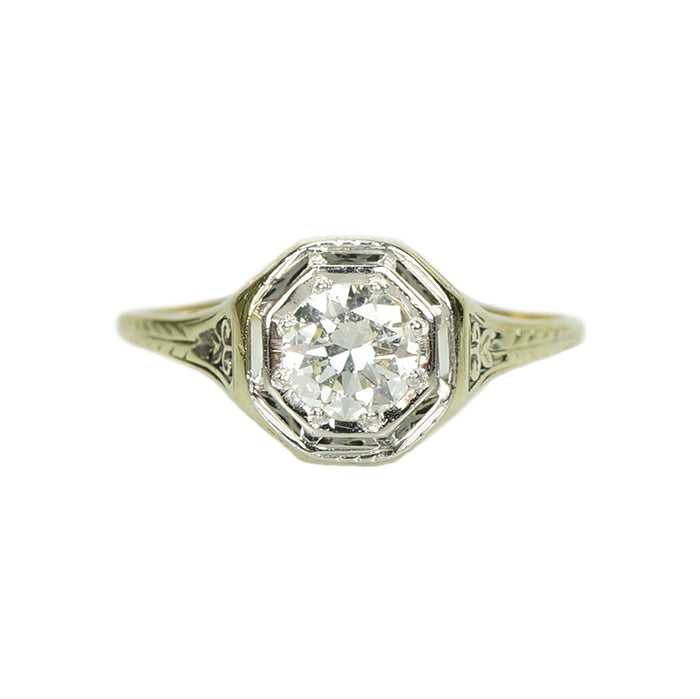 Deco Yellow Gold Filigree Engagement Ring - Gem Set Love