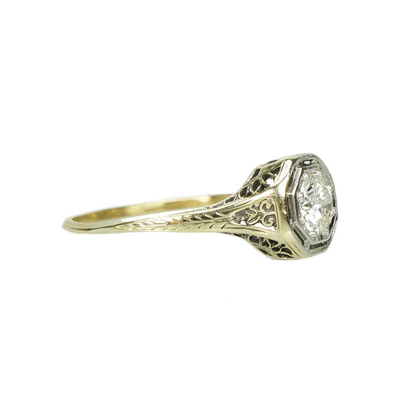 Deco Yellow Gold Filigree Engagement Ring - Gem Set Love