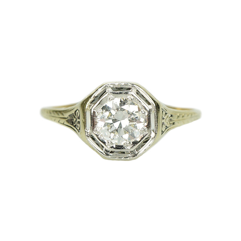 Deco Yellow Gold Filigree Engagement Ring - Gem Set Love