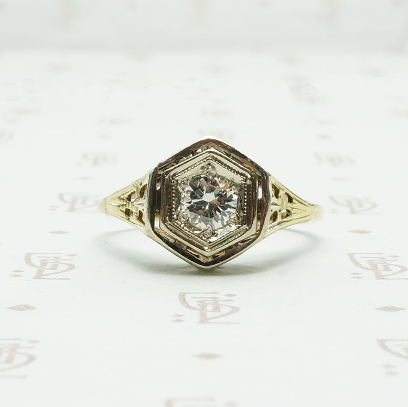 Yellow gold filigree art deco engagement ring with a .30ct diamond