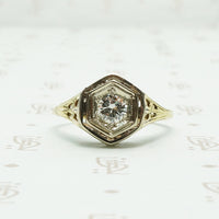 Yellow gold filigree art deco engagement ring with a .30ct diamond