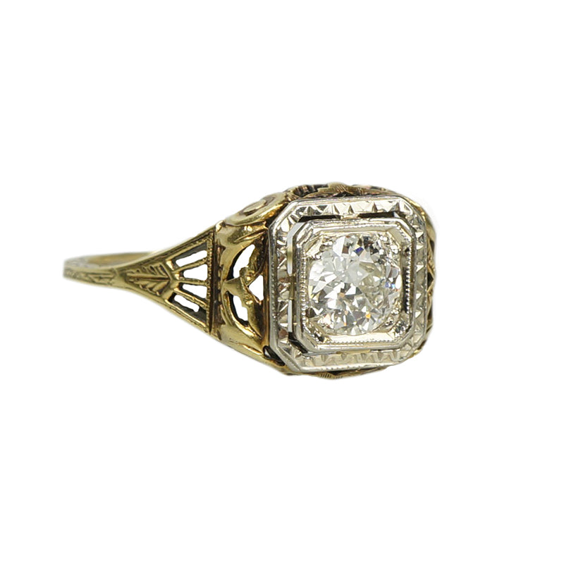 Deco Yellow Gold Filigree Engagement Ring