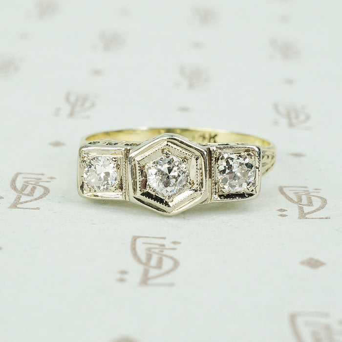 yellow gold filigree 3 diamond ring