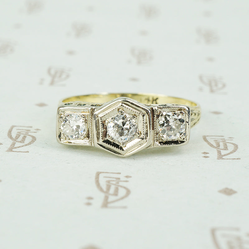 yellow gold filigree 3 diamond ring