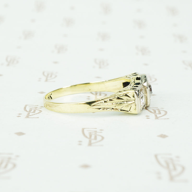 Deco Filigree Yellow Gold Three Diamond Ring