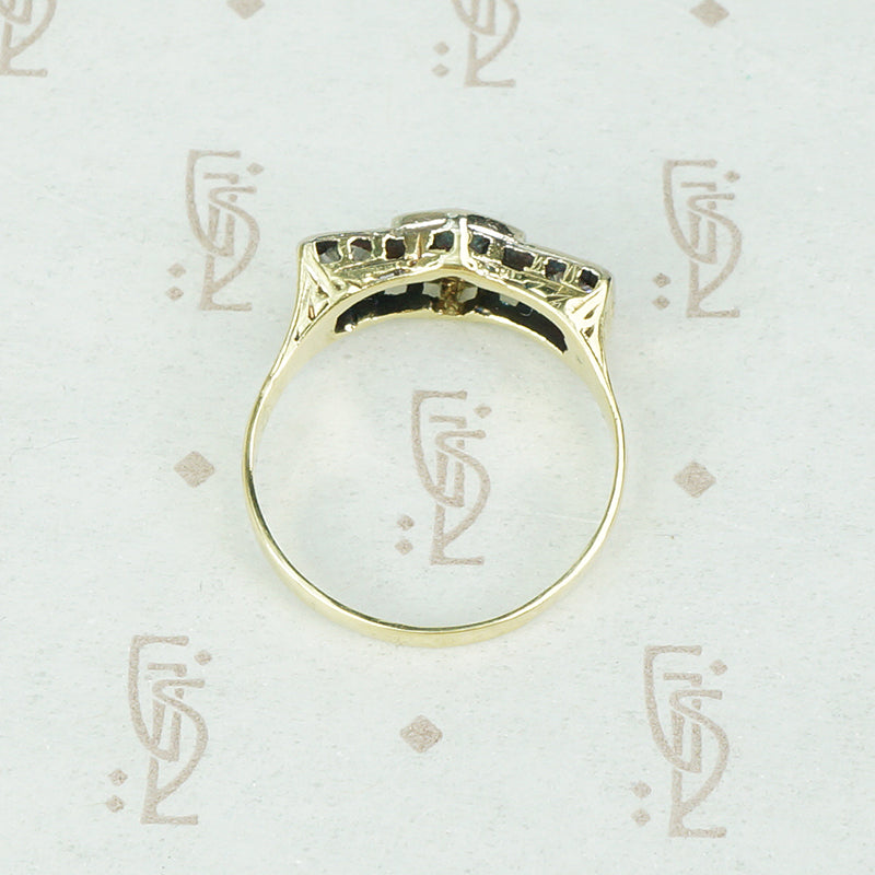 Deco Filigree Yellow Gold Three Diamond Ring