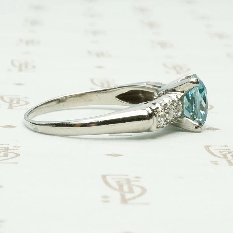 French Cut Blue Zircon and Diamond Engagement Ring