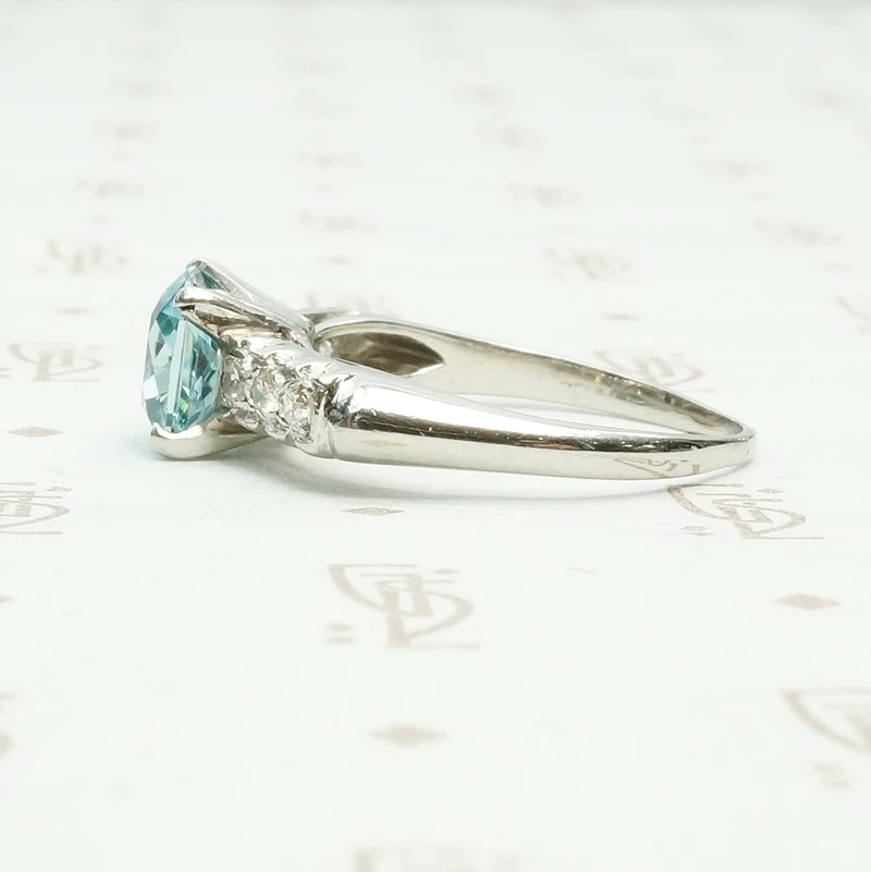 French Cut Blue Zircon and Diamond Engagement Ring