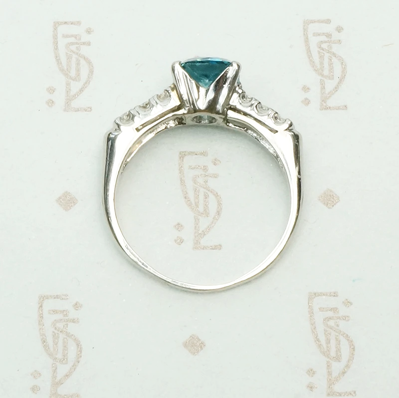 French Cut Blue Zircon and Diamond Engagement Ring