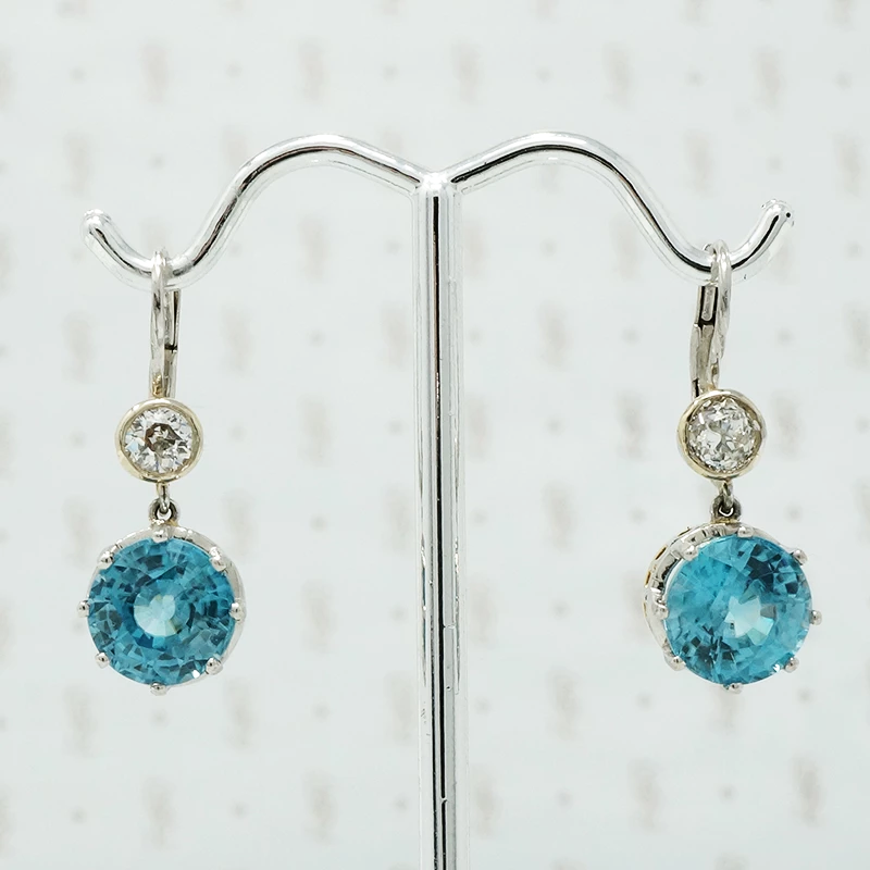 blue zircon and oec diamond drop earrings on platinum ear wires