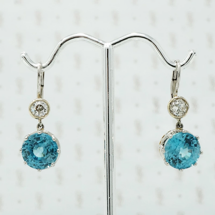blue zircon and oec diamond drop earrings on platinum ear wires