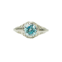 Deco White Gold Filigree Ring with Natural Blue Zircon