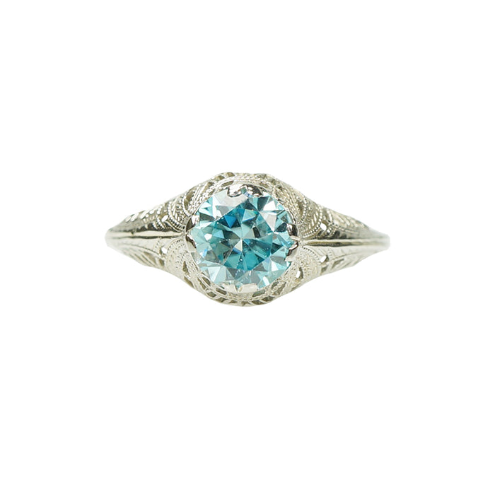 Deco White Gold Filigree Ring with Natural Blue Zircon