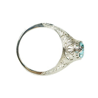 Deco White Gold Filigree Ring with Natural Blue Zircon